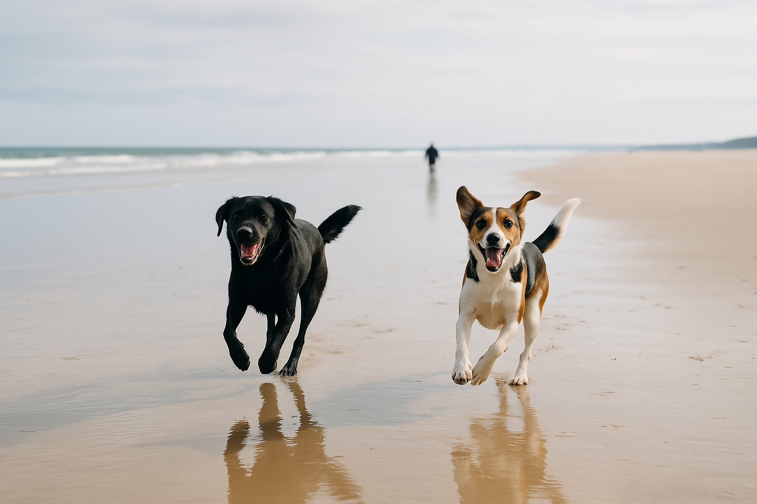 Dogs running on a UK beach
